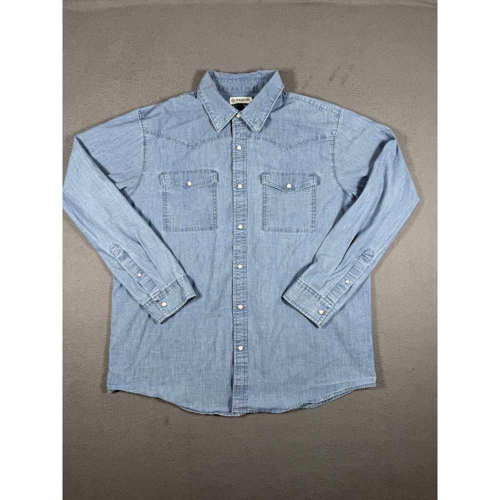 Magellan Outdoors Men's Classic Fit Flex Pearl Snap Western Shirt L Blue